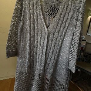 Open-Front Gray Cable & Mesh Knit Cardigan